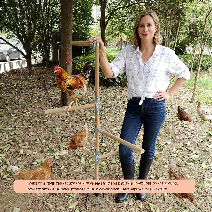 Chicken Perch Toys for Coop & Backyard Chickens, Large Chicken Perch Roosting Bars with 3-Prong Metal Ground Plug & Adjustable and Replaceable Wood Bar(Wooden, 54" H x 14" R)