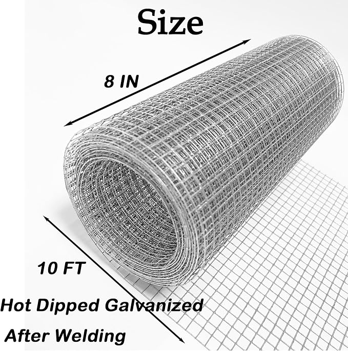 Hardware Cloth 1/4 inch 8inx10ft,Chicken Wire Mesh Fence,Galvanized After Welding 23 Gauge,Wire Mesh Roll Wire Cloth for Chicken Pen/Coop Fences, Garden Fences,Screen Meshs,Poultry Netting Cage