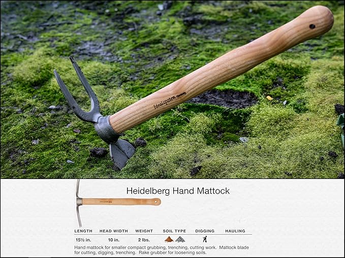 IDEALSPATEN - Made in Germany Since 1899 Heidelberg Hand Mattock - Professional Compact Small Cultivator Garden Tool 3lb - 15.5in (Heidelberg)#IS330