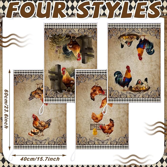 Geyoga 4 Pcs Chicken Kitchen Towels Rooster Dish Hand Towels Farm Animal Cow Vintage Rustic Tea Cloth for Spring Easter Bathroom Farmhouse Decor Gifts, 16 x 24 Inch(Delicate Color,Rooster)