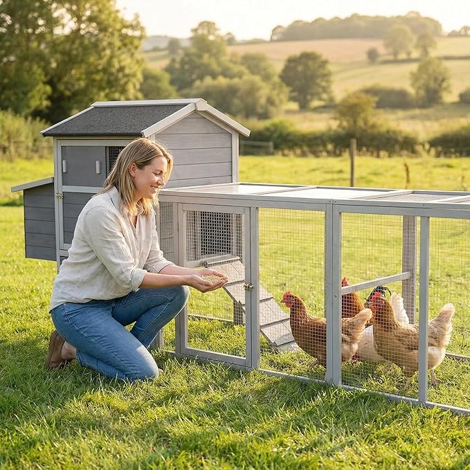 Large Outdoor Chicken Coop, Durable Wooden Hen House with Run & Nesting Box, Anti-UV Waterproof Roof, Sliding Door & Ramp for Backyard Small Animals, Gray
