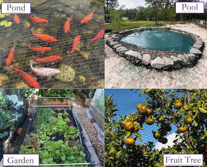 JUNFLYING 14x14 Ft Pond Netting for Leaves, 1/2 in Fine Mesh, Strong Woven Koi Fish Net Cover, Against Birds, Cats & Predators, Stakes Included
