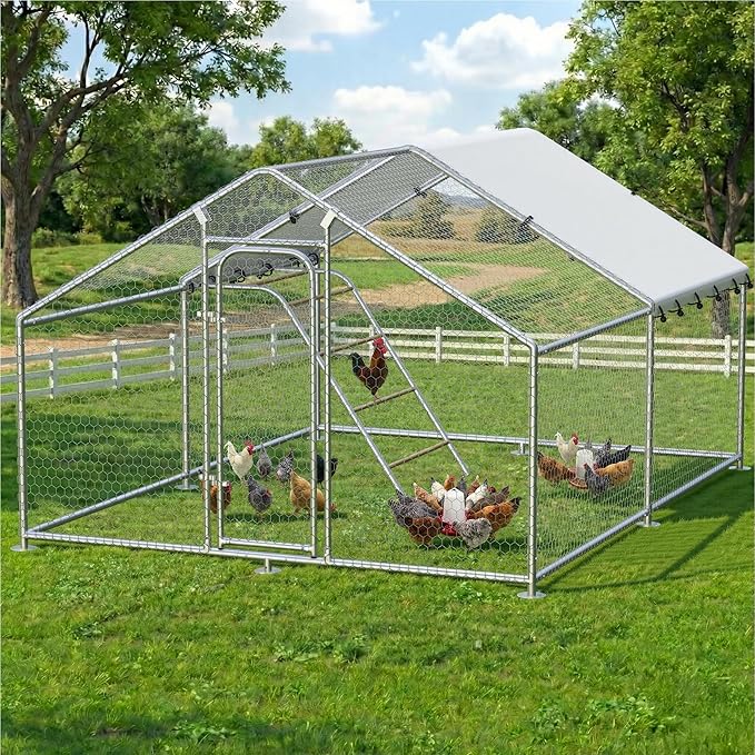 Large Metal Chicken Coop with Waterproof and UV-Resistant Cover,Chicken Run Outdoor Walk-in Cage Rabbit Duck Hen House for Yard Farm,Spire Roof (10' L x 13.2' W x 6.4' H)