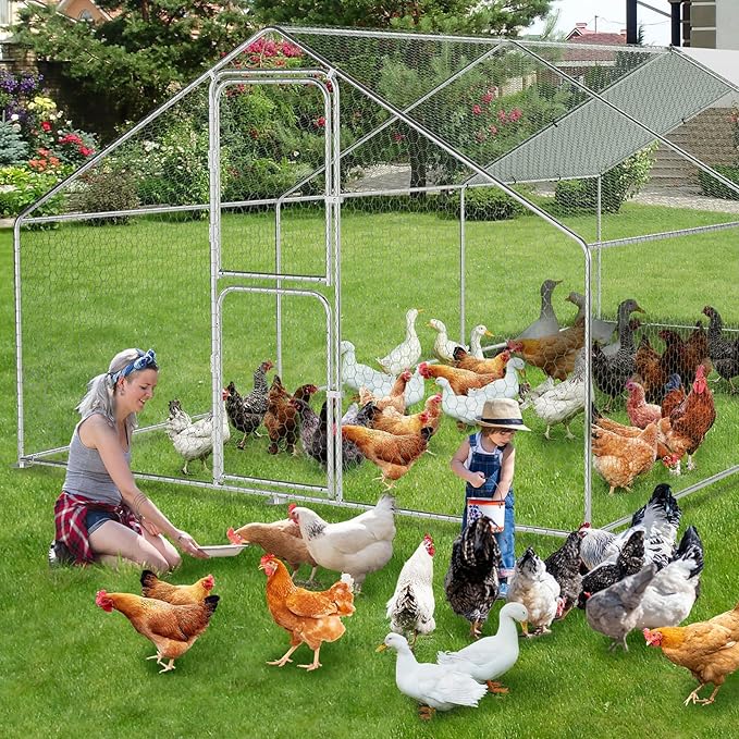 GarveeLife Large Metal Chicken Coop with Waterproof and Anti-UV Cover, Walk-in Poultry Cage, Outdoor Chicken Run for Backyard Farm Use, 9.8x19.7X 6.6 FT