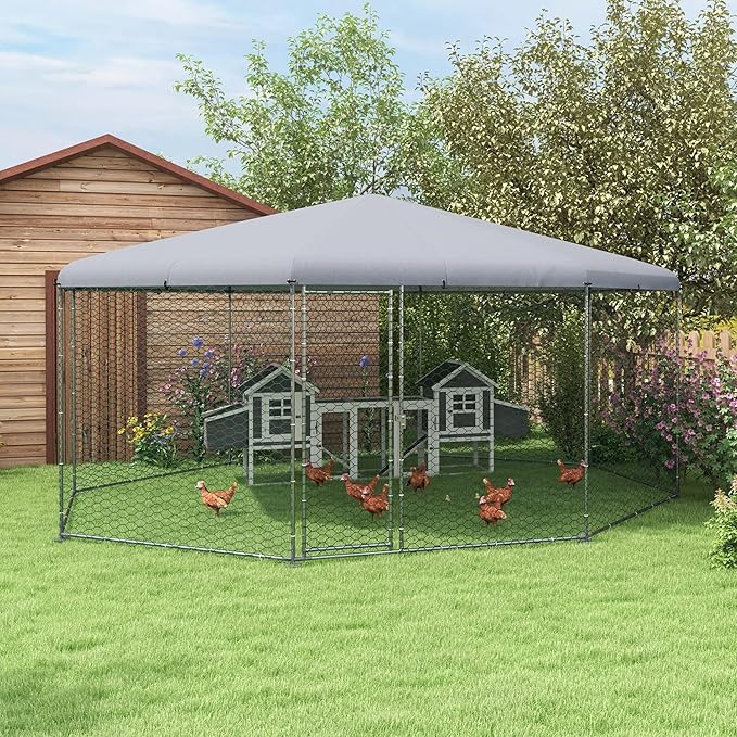 PawHut Large Chicken Coop Metal Chicken Run for Chickens with Waterproof and Anti-UV Cover, Polygon Shaped Walk in Fence Cage Hen House for Outdoor and Yard Farm Use, 1" Dia, 17.1' x 15.7' x 9'