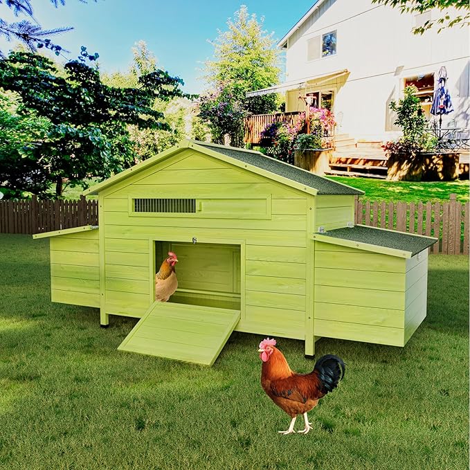 Large Wooden Chicken Coop Outdoor Hen House with Nesting Box，Walk-in Poultry Cage with Secure Locks, Metal Mesh Run for Backyard Farm Use (Green 67.7")
