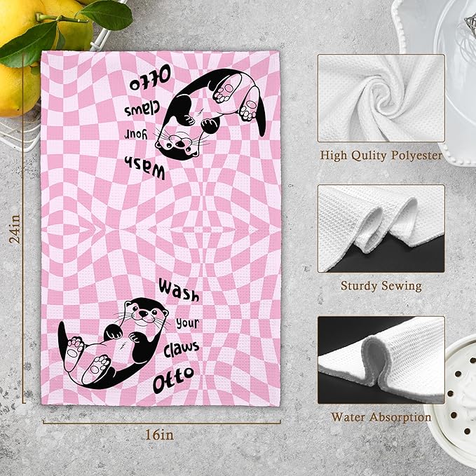 Cute Otter Pink Bathroom Kitchen Towels, Wash Your Claws Hand Towel for Girly Teens Room, Funny Gifts for Otter Lovers, Trendy Preppy Checkered Dish Towels Decor for Dorm Home 16x24in