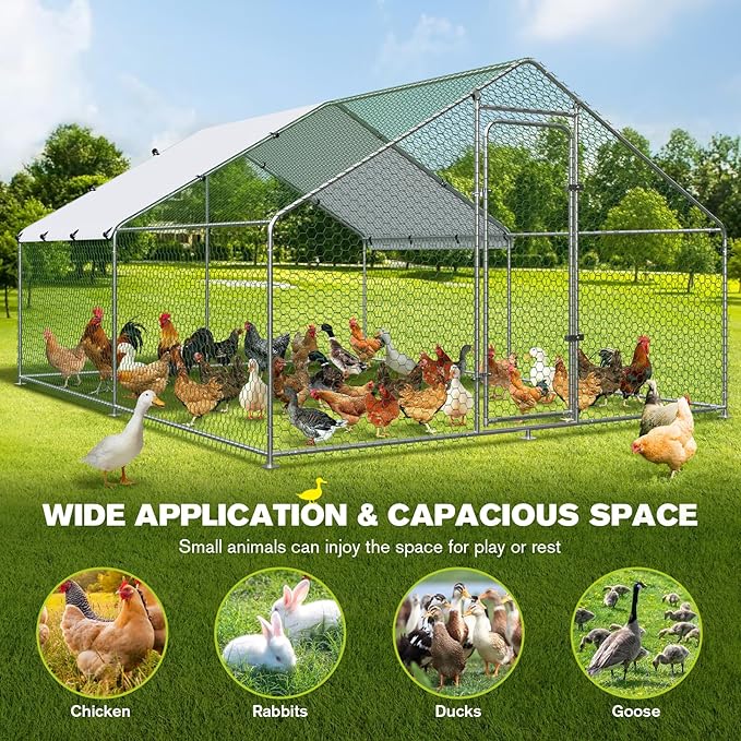 Large Metal Chicken Coop Walk-in Chicken Run with Waterproof Cover Outdoor Backyard Farm Anti-UV Spire Shaped Cage for Poultry, Ducks, and Rabbits(13.1’L x 9.8’W x 6.5’H)