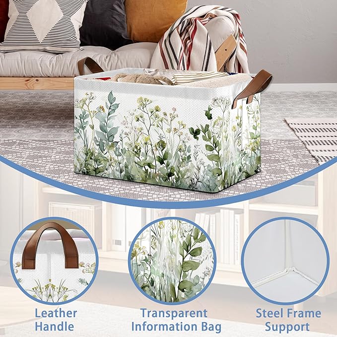 Wildflowers Herb Plants Storage Baskets,Foldable Large Capacity Organizer Bins with Waterproof Lining and Leather Handles for Closet,Shelf,Bedroom 17x11.5x10Inch