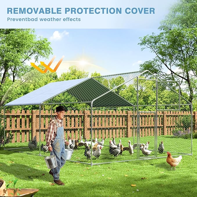 Polar Aurora Metal Chicken Coop, Large Outdoor Chicken Pen, Walk-in Chicken Run for 6-20 Chickens, Double Door Chicken House with Waterproof UV Protection Cover for Backyard (Spire-M)