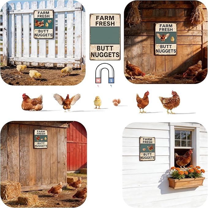 DIY Magnetic Attraction Design,Funny Chicken Tin Sign | chicken decor | Farmhouse Wall Decor, Rooster Kitchen & Bathroom Art,Metal Signs,Funny Gifts,8 * 12 Inch(Yellowish Green)