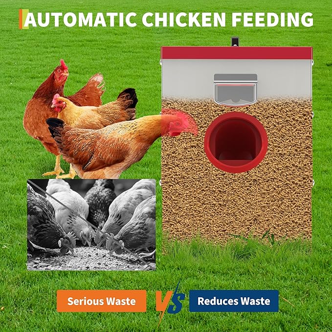 GarveeLife Automatic Chicken Feeder No Waste, 50 LB Poultry Feeder Box Metal Feeders for Chickens Rainproof Chicken Coop Feed Ports for Chickens, Ducks, Turkeys
