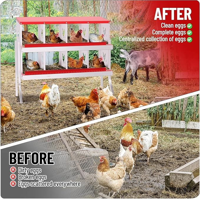 Metal Chicken Nesting Box, 8 Compartments, Rollout Egg Collection, Large Vented Holes, Perch Included, Wall Mount or Free Standing Laying Box for Hens and Chickens - Red with Legs