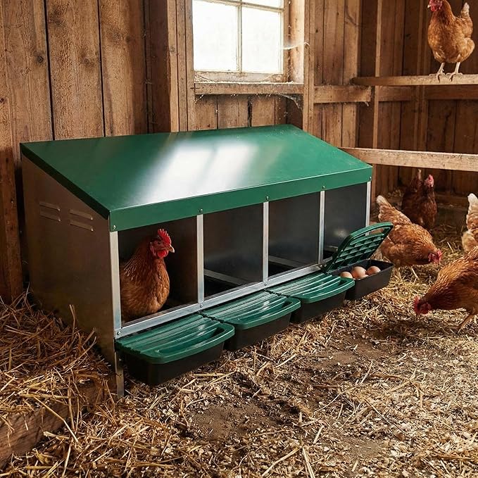 Metal Chicken Nesting Box with Easy-Collect Tray & Lid – 3/4/2x2 Compartment Heavy Duty Roll Away Nesting Boxes for Chickens, Wall Mount or Freestanding, Galvanized Steel Hen Laying Box for Coop