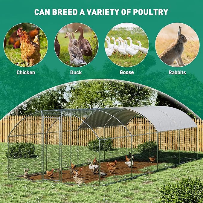 OUYESSIR Outdoor Metal Chicken Coop, Large Walk-in Chicken Run Pen with Waterproof Cover, Rabbit Habitat Dome Roof Poultry Cage for Backyard Farm Use (10'W x 26'L x 6.56'H)