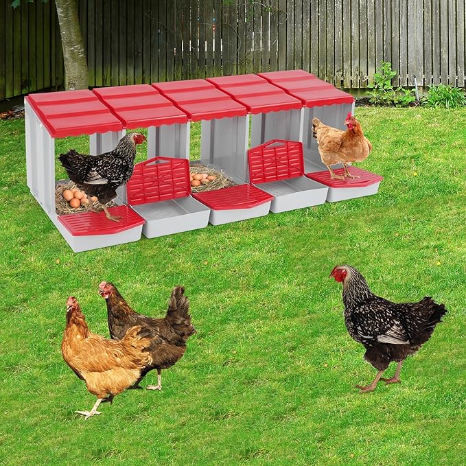 Chicken Nesting Boxes 5 Compartment PP Nesting Box with Inclined Nesting Boxes & Vented Holes Wall Mount Chicken Laying Boxes for Chicken Coop (Red)