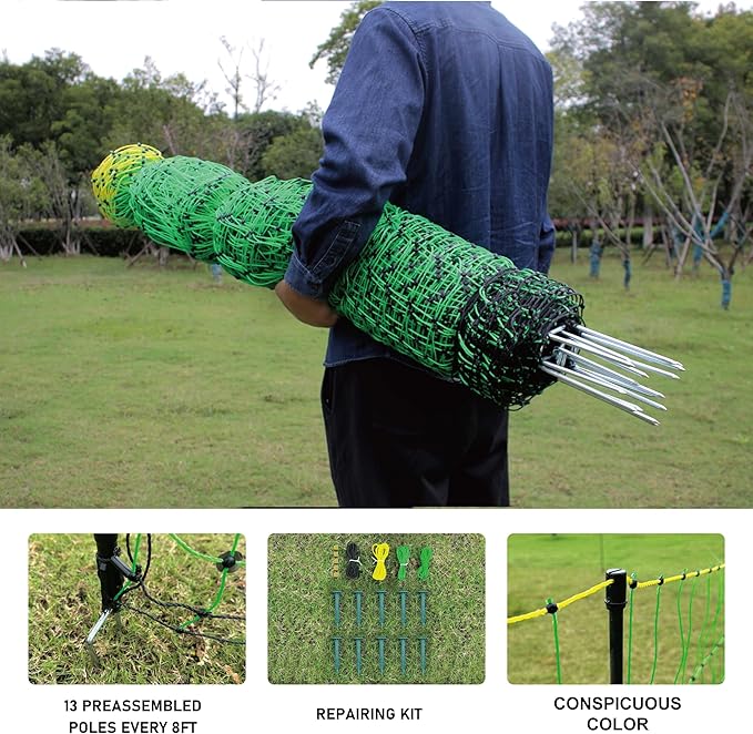 2 Pack Premium Portable Pre-Assembled Poultry Netting Electric Fence 47.3" x 98.5', Green,Utility Portable Mesh for Chickens, Ducks,Geese,Rabbits,Used in Backyards,Farms,and Ranches