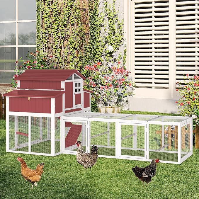 115.36" L 2-Story Chicken Coop with Extra Run Cage,Chicken House Hen House with 2 Large Nesting Boxes,Expandable Poultry Cage for 4-6 Chicken with 4 Perching Bars,Pull-Out Tray,Ramps(RED)