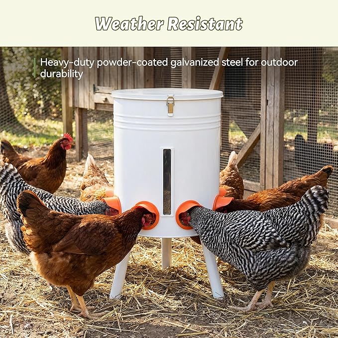 KOL 50 LB Chicken Feeder & 5 Gallon Chicken Waterer Set, All-Metal No-Waste Poultry Feeder & Automatic Gravity Waterer with 8 Ports & 8 Cups Chicken Coop Accessories