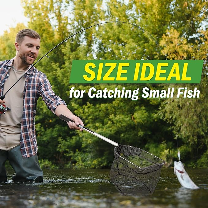 Fly Fishing Net with Handle - Soft Mesh Catch and Release Rubber Fly Fish Net with Lightweight Wood Frame and Safety Lanyard - Landing Bass and Trout Fishing Gear by Wakeman Outdoors
