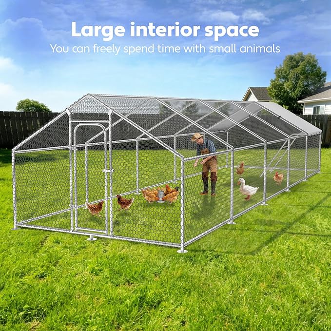 Large Metal Chicken Coop with Perch, Chicken Run Pen Walk-in Poultry Cage,Waterproof & Anti-Ultraviolet Cover for Outdoor Farm,Spire Roof(32.8" W x 9.8" L x 6.4" H)