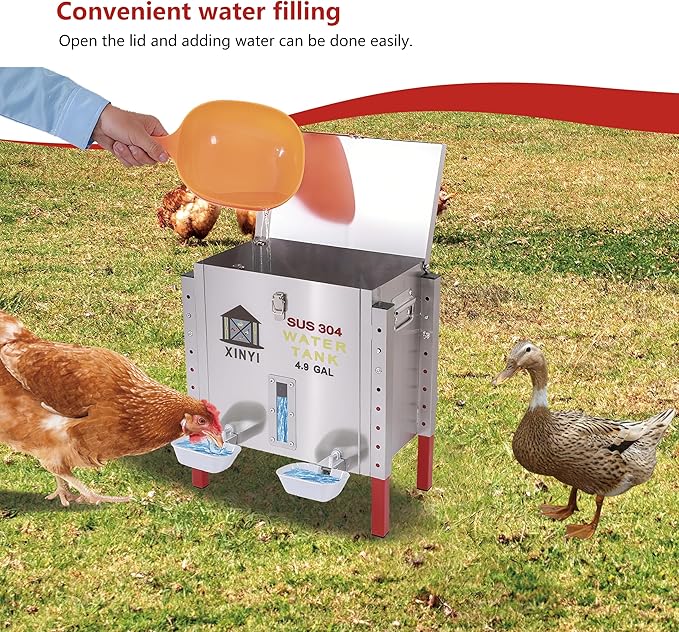Xinyi 40 lb Stainless Steels Automatic Chicken Waterer, Pet Water Feeder, 4 Aluminum Alloy Water Cups, Remaining Water Quantity Observation Window, Poultry Drinker for Ducks, Goose 4.9 Gallon