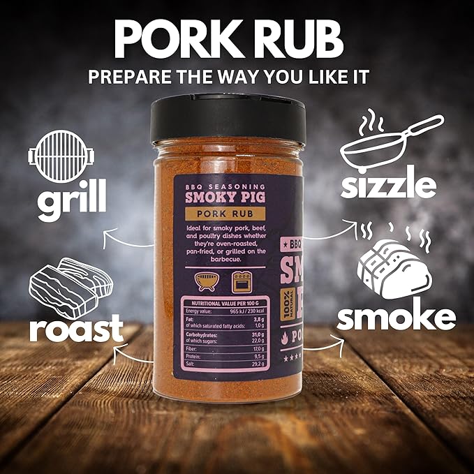 Smoky Pig BBQ Pork Rub - 100% Natural Seasoning - Perfect Blend Of Spices For Smoky BBQ And Grill Pork Dishes - Large Jar (220g)