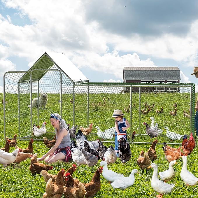 Outdoor Chicken Run, Metal Chicken Coop, with Waterproof and Anti-UV Cover, Walk-in Chicken Coop for 6/10 Chickens,Rabbits Duck Outdoor Farm Yard (9.8'L x 3.3'W x 5'H)