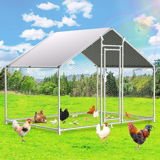 Large Metal Chicken Coops 6.4Lx9.84Wx6.6H FT for 8/10/16 Chickens with Run, Walk in Chicken Run Chicken Pen with Cover and Feeding Door, Spire Poultry Cage Hen House for Yard with Cover