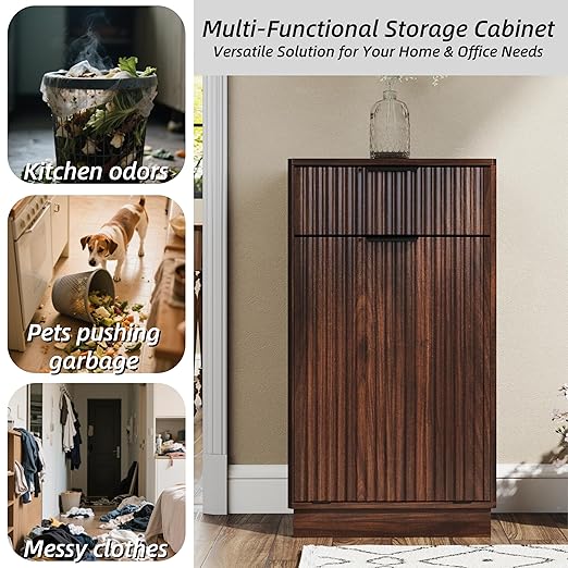 19 Inch Single 10 Gallon Wood Grain Tilt-Down Trash Can Cabinet with Storage Drawer,Wood Grooved Recycling Cabinet with Wave Texture Hidden Pull-Out Trash Can for Kitchen,Bathroom (Walnut-01)