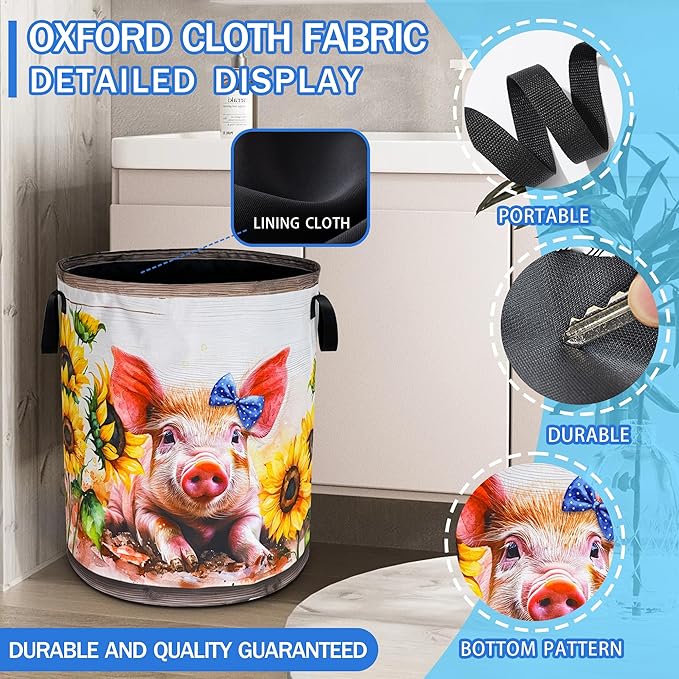 Cute Pig Sunflower Laundry Basket Oxford Cloth Farm Animal Laundry Hamper With Handle Foldable Portable Clothes Storage Basket 18.9 X 16.5 In Storage Bag For Laundry Room/Bathroom/Bedroom/Dormitories
