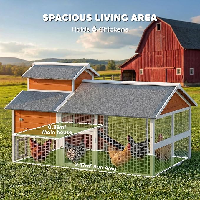 PawHut 79" L Chicken Coop for 6 Chickens, Outdoor Wooden Hen House Poultry Cage with Run, 2 Nesting Boxes, Slide-Out Tray, Waterproof Asphalt Roof, Sliding Rod Door and Roosting Bar, Orange