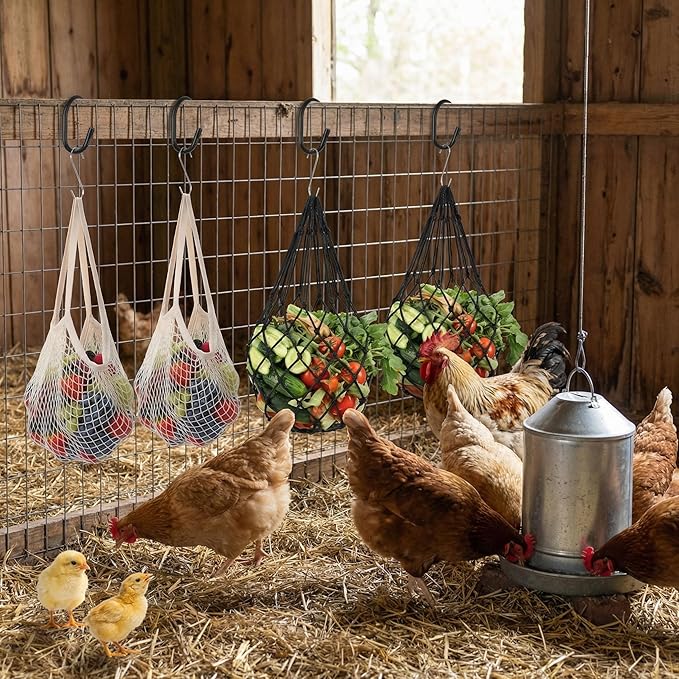 10 Pcs 2 Sets Hanging Chicken Feeder Chicken Coop Toys Accessories Include Dual Size Poultry Vegetable Fruits String Bag Heavy Duty Shepherd's Hook Veggie Treat Ball for Hen Goose Duck