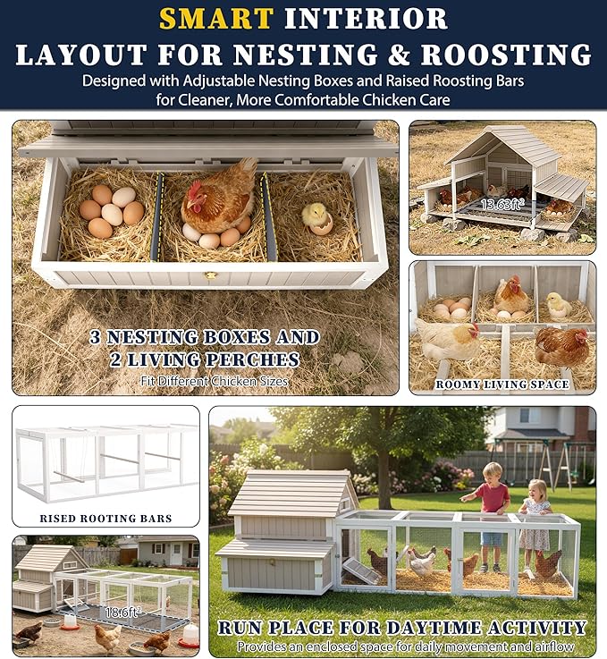 Large Wooden Chicken Coop with Run for 2–6 Chickens Outdoor Hen House with Raised Floor, Weatherproof Roof, 6 Nesting Boxes, 3 Perches & Slide-Out Tray Hen Coop for Backyard Poultry Pets