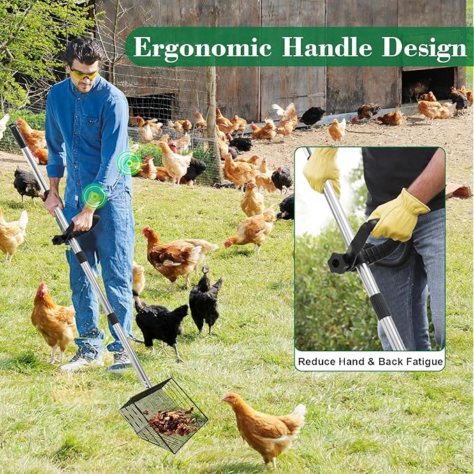 15-inch Chicken Poop Scooper with Ergonomic Grip, Adjustable 24"-63" Handle, 4-in-1 Multifunctional Litter Scoop for Chicken Coop, Goat Stall, Stable, and Pet Waste Cleanup