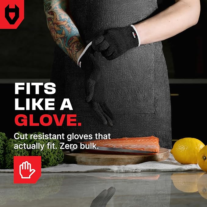 NoCry Cut Resistant Work Gloves for Women and Men, with Reinforced Fingers; Comfortable, 100% Food Grade Kitchen Cooking Hand Protection; Ambidextrous Safety Gear for Cutting; Level 5 Protection