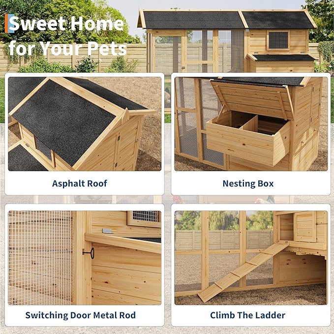 GarveeHome Chicken Coop Large Hen House for 4-6 Chickens Wooden Poultry Cage with Run, Ramp, Nesting Box, Wire Fence, Waterproof Asphalt Roof (80" x 35" x 54") Natural