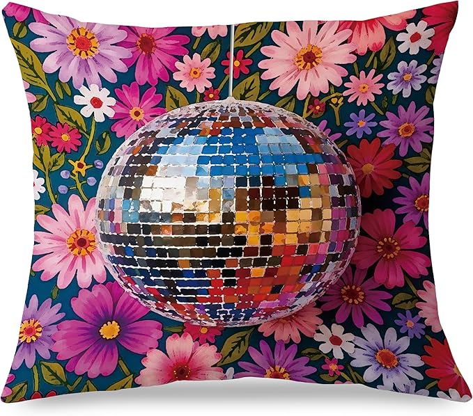 Funky Y2K Maximalist Floral Disco Ball Pillow Covers 18x18, Eclectic Home Decor, Trendy Retro 70s Colorful Flower Botanical Throw Pillow Covers for Home Girls Room Dorm Apartment