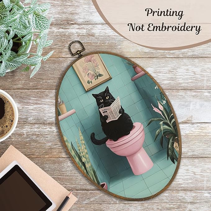 LKETW Funny Black Cat Bathroom Oval Wall Art Decor, Black Kitty Reading Newspaper on Toilet Oval Canvas Hanging Decor, Funny Cat Wall Decorations for Bathroom Restroom Washroom Toilet, 8.6x11.4 Inch