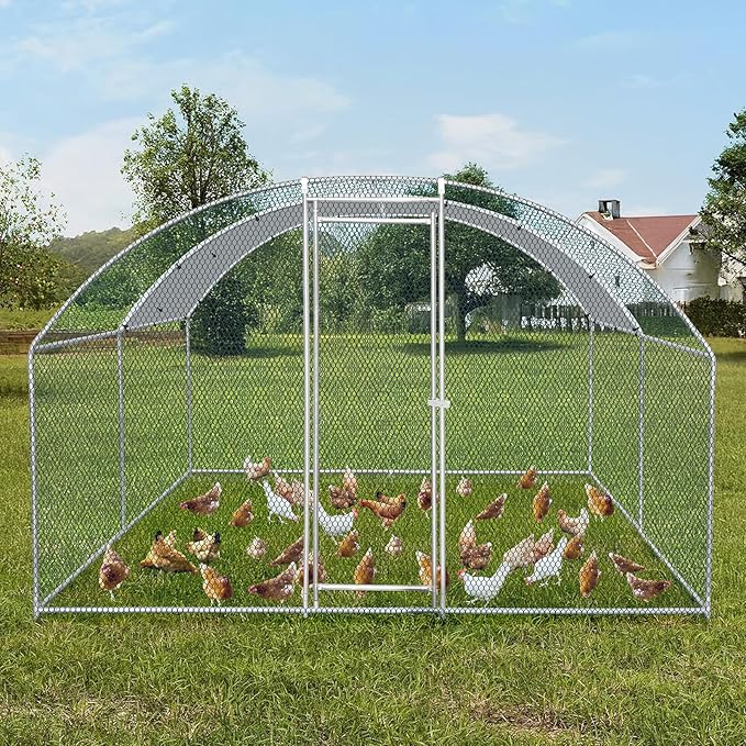 VINGLI Large Metal Chicken Coop, 13.1x9.8 6.5 ft Poultry Cage for Chicken Run, Walk-in Chicken Pen with Waterproof & Anti-UV Cover for Yard Outdoor (Silver-Dome Roof)