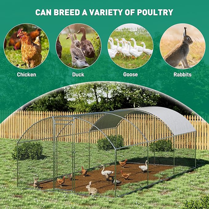 OUYESSIR Outdoor Metal Chicken Coop, Large Walk-in Chicken Run Pen with Waterproof Cover, Rabbit Habitat Dome Roof Dome Poultry Cage for Backyard Farm Use (10'W x 20'L x 6.5'H)