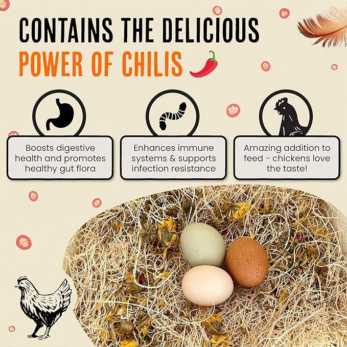 Roosty's Naturals Chicken Nesting Herbs - Chili Mix | 1LB Premium Nesting Herbs for Coop | Made in The USA | Chicken Treat and mixes with Coop Bedding as a Coop Refresher