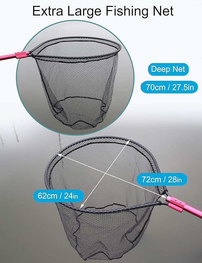 Beoccudo Extra Large Fishing Landing Net - 72"-94" Heavy Duty Telescopic Aluminum Handle, Snag-Free Rubber Mesh for Saltwater Boat, Net Hoop 28x24in, 30in Deep