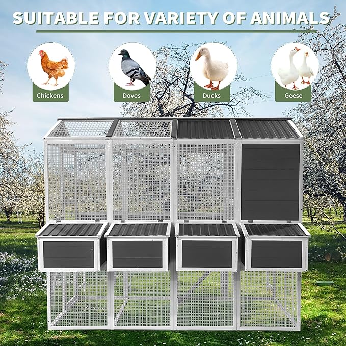 Large Chicken Coop with Chicken Run, Wooden Walk-in Chicken Coops for 10 Chickens, Outdoor Poultry Fence with Nesting Boxes, Pull Out Trays, Garden Backyard Pet Cage, 95''LX80''WX83''H