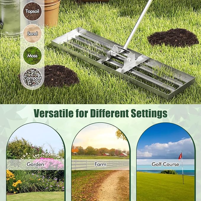 Happygrill Lawn Leveling Rake, Heavy Duty Lawn Level Tool for Soil w/67” Handle, Dirt Ground Leveler, Effort-Saving Landscape Rake for Garden, Backyard, Golf Course, Farm, Pasture (36" x 10", Silver)
