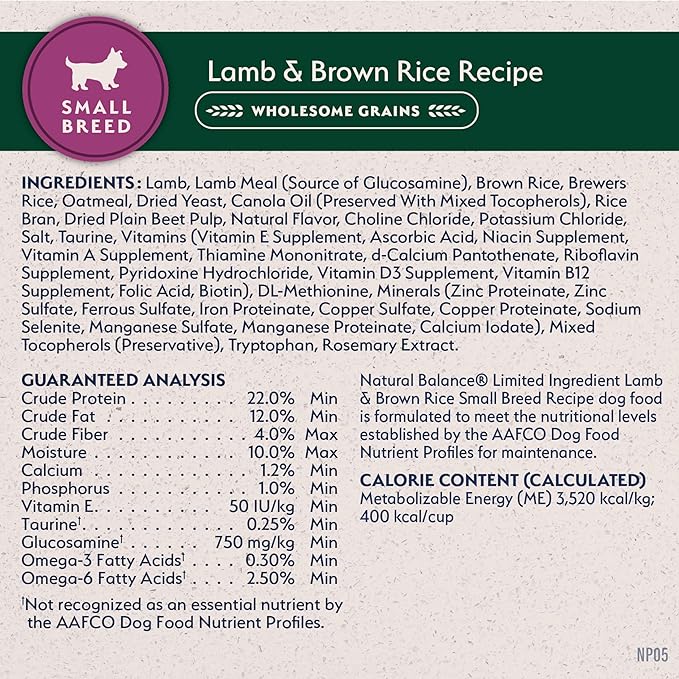 Natural Balance Limited Ingredient Small-Breed Adult Dry Dog Food with Healthy Grains, Lamb & Brown Rice Recipe, 12 Pound (Pack of 1)