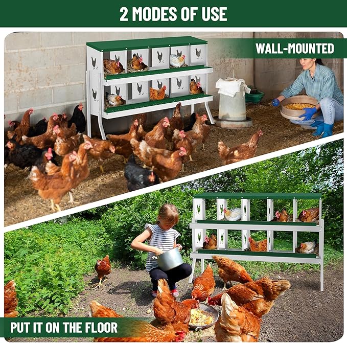 Chicken Nesting Box, Green 10 Hole Egg Laying Box with Bracket, Suitable for Chickens & Ducks, Large Holes for Ventilation, Convenient for Picking up Eggs, Fully Galvanized