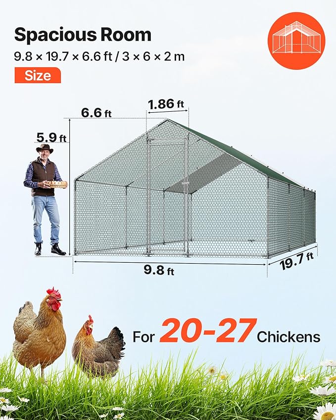 VEVOR Large Metal Chicken Coop, 19.7x9.8x6.5ft Walk-in Chicken Runs for Yard with Cover, Spire Roof Hen House with Security Lock for Outdoor and Backyard, Farm, Duck Rabbit Cage Poultry Pen