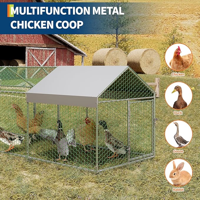Metal Chicken Coop with Cover, Walk in Chicken Runs for Outdoor Backyard, Poultry Cage with Security Lock & Anti-UV Cover for Rabbit Duck Goose, Silver,160" L x 40'Wx 40" H