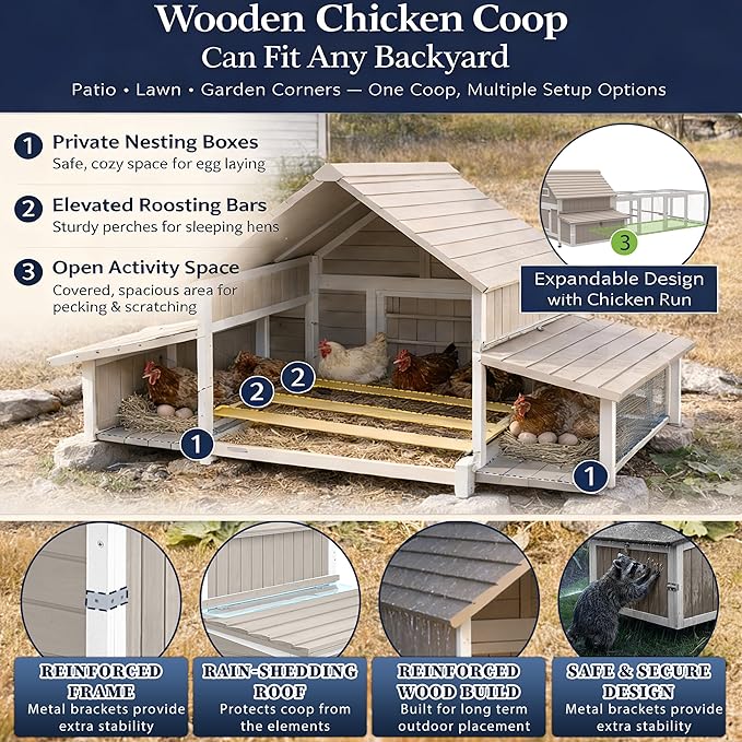 Outdoor Chicken Coop Wooden Hen House for 2-4 Chickens for Small Backyard Weatherproof Roof, 6 Nesting Box, 3 Perche,Tray for Families and Beginners Raising Chickens at Home (Hencoop 86)
